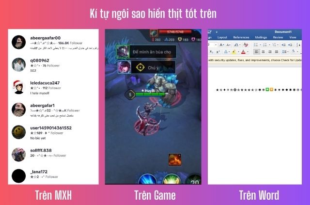 kí tự sao hiển thị tốt trên